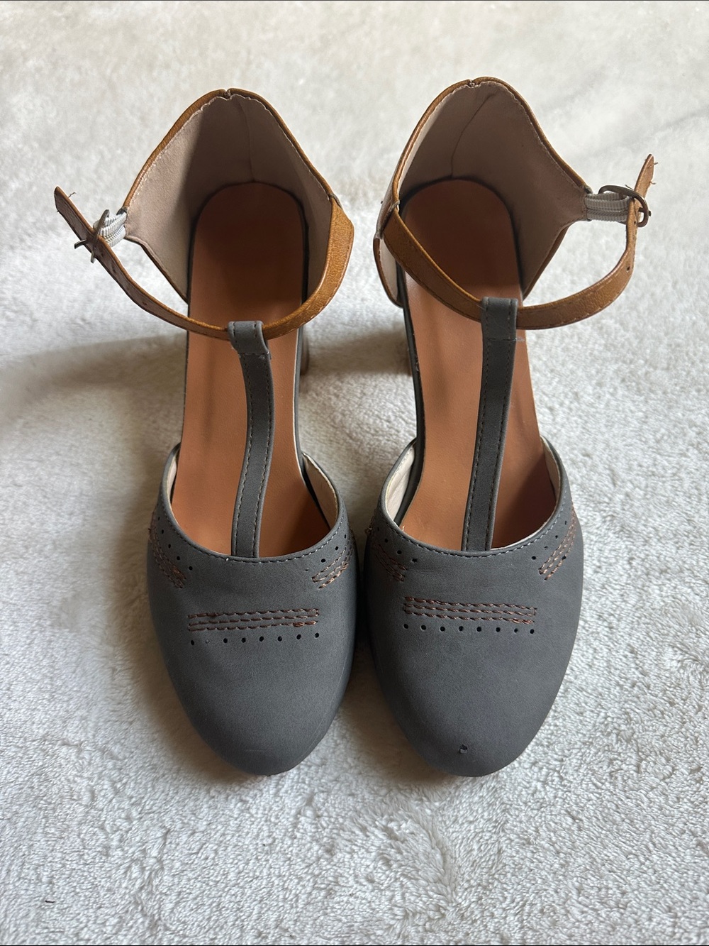 Women's Gray T-Strap Ankle Strap Heels